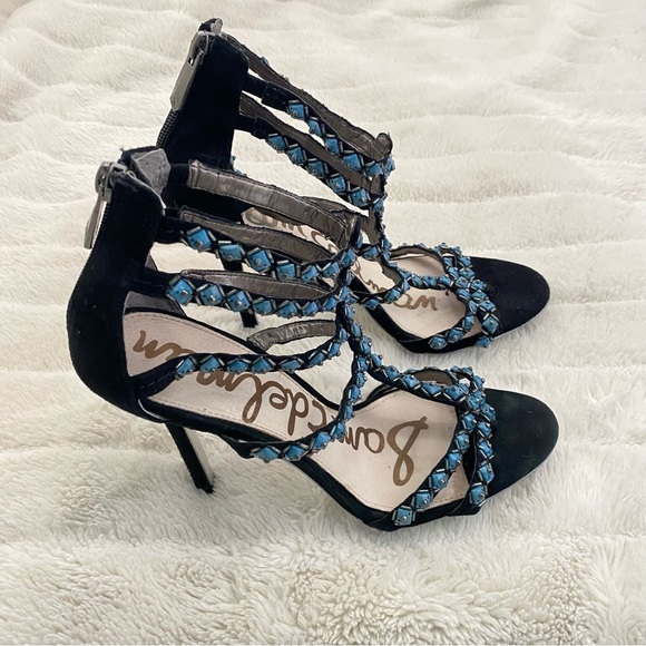 Sam Edelman Studded Gladiator Black Turquoise Strappy Sandals Heels Size 8.5 - Picture 6 of 15